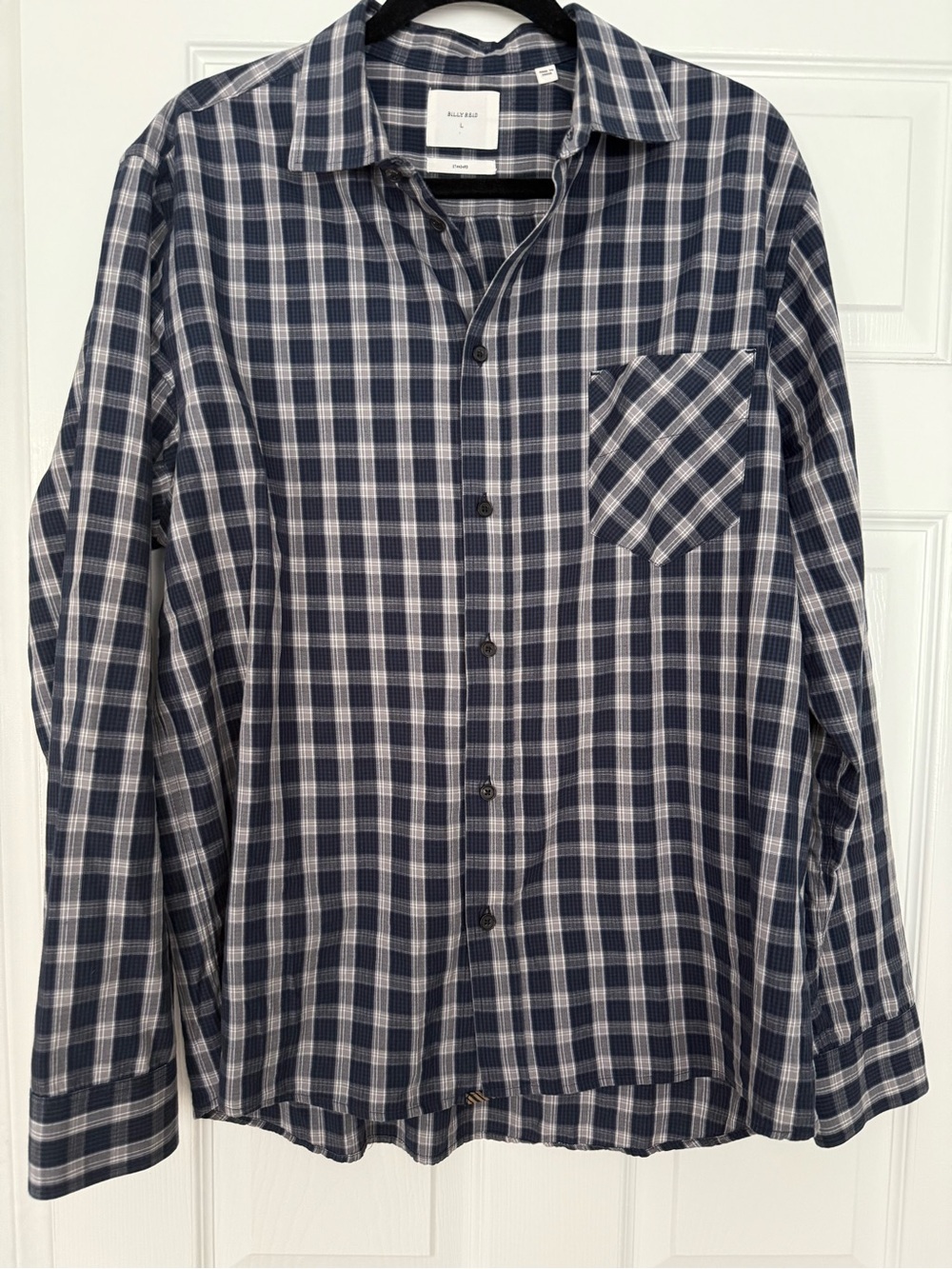 Billy Reid Navy Plaid Men's Button-Down Shirt-size L - Picture 2 of 4
